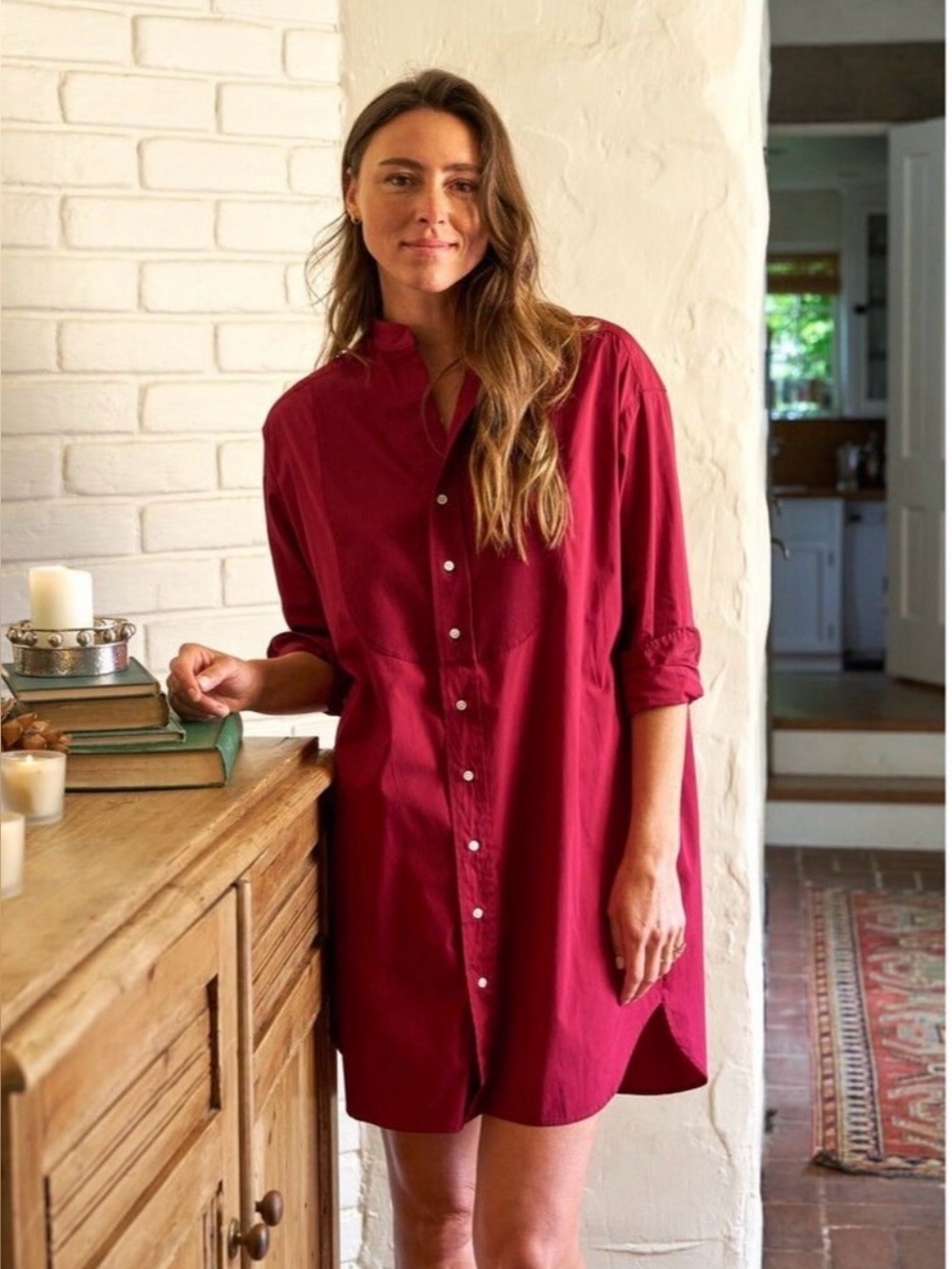 Frank & Eileen Luxury Tori Italian Tuxedo Shirt Dress with pockets wine color M